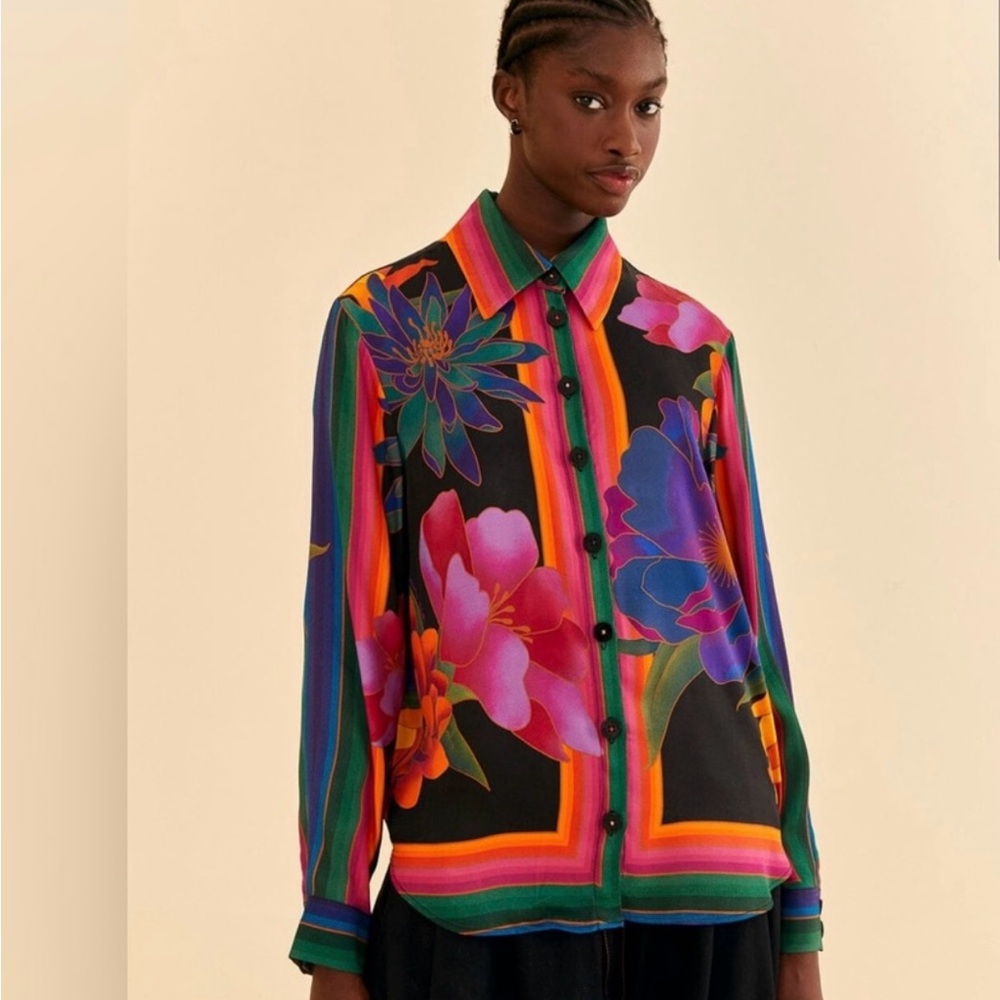 FARM Rio Black Multicolor Floral Stripe Button-Down Blouse